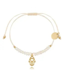 Bransoletka z perełkami i złotą ręką Hamsa Feliz BMT0077