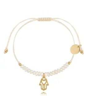 Bransoletka z perełkami i złotą ręką Hamsa Feliz BMT0077