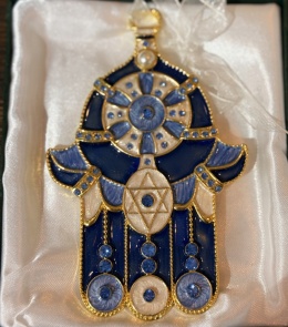 Hamsa złota granatowa z Gwiazdą Dawida i perłą